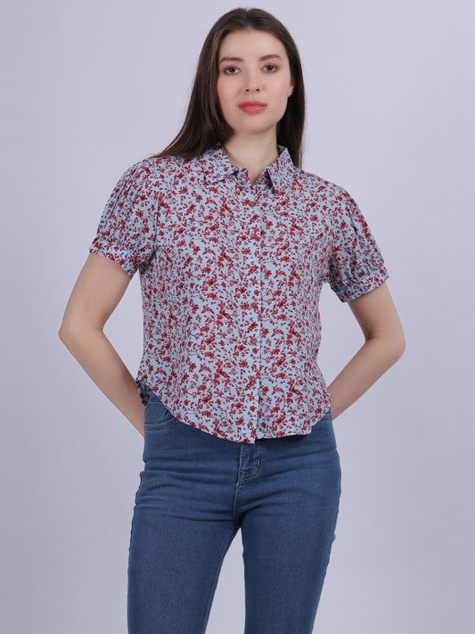 Red Floral Print Crop Shirt