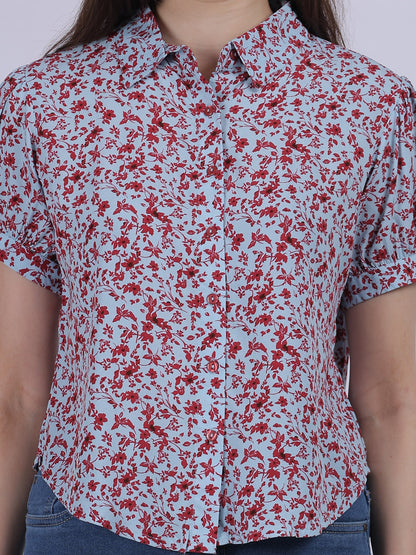 Red Floral Print Crop Shirt