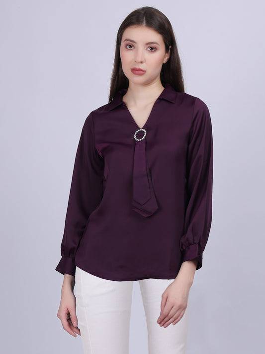 Neck-tie Fashion Satin Top With Brooch Embellishment