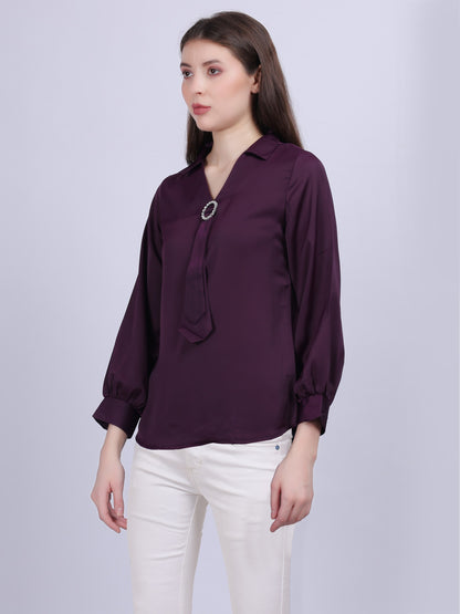 Neck-tie Fashion Satin Top With Brooch Embellishment