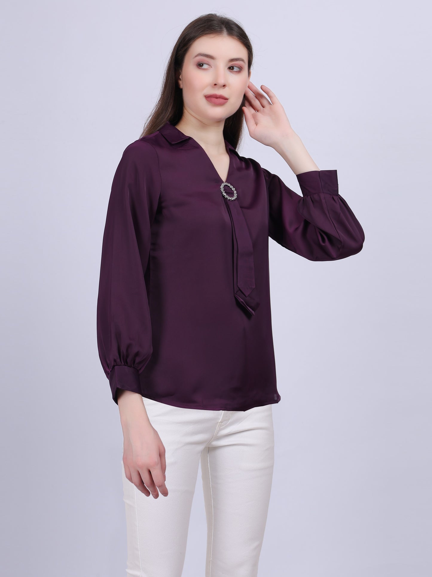 Neck-tie Fashion Satin Top With Brooch Embellishment