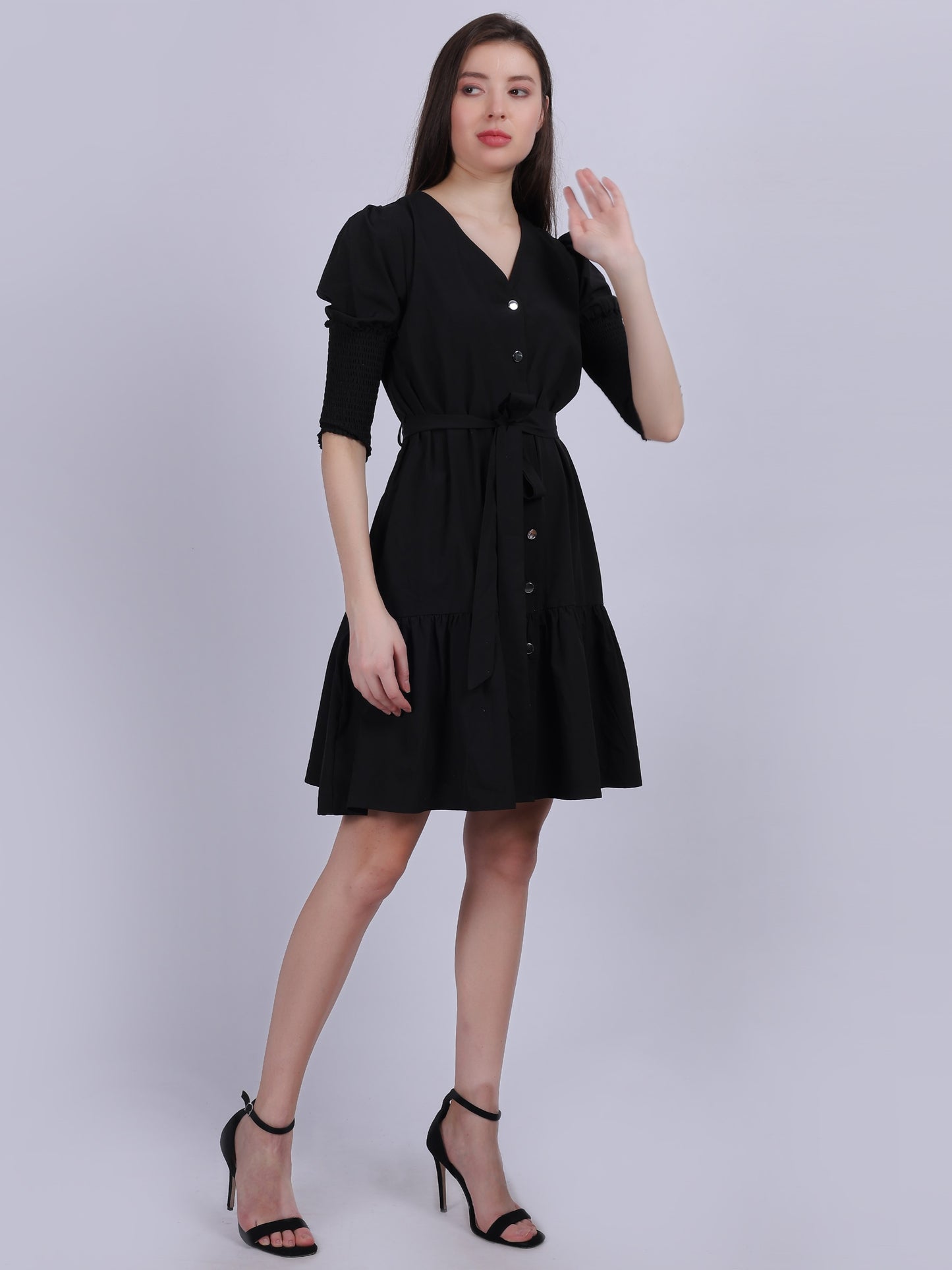 Black Fashion Shirt Dress With Smocking Sleeves & Belt On Waist