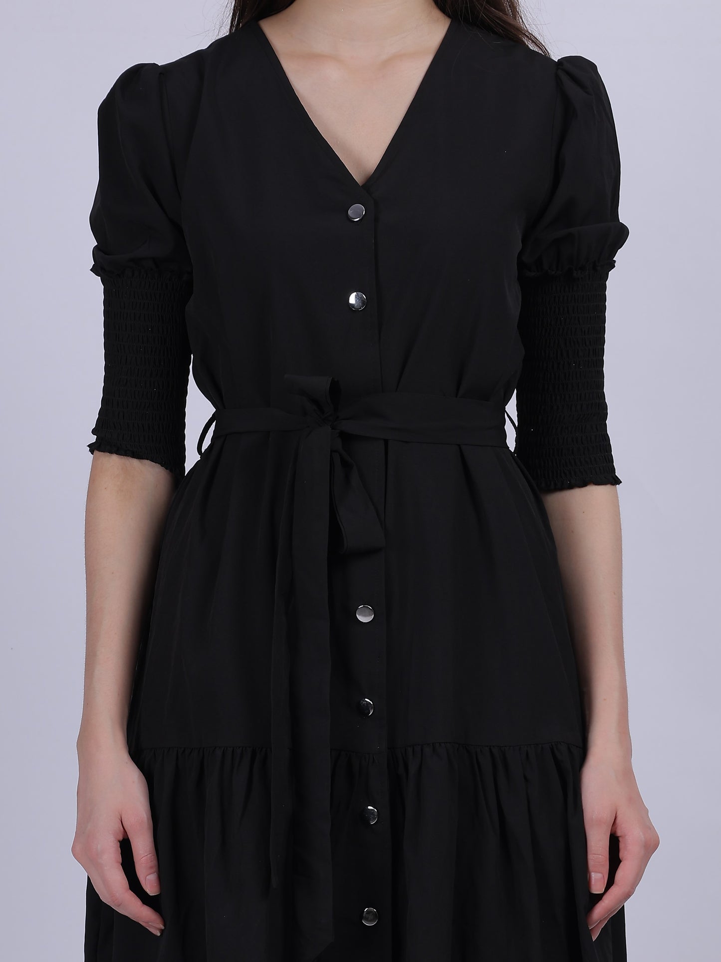 Black Fashion Shirt Dress With Smocking Sleeves & Belt On Waist