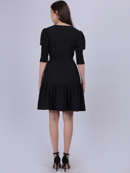 Black Fashion Shirt Dress With Smocking Sleeves & Belt On Waist