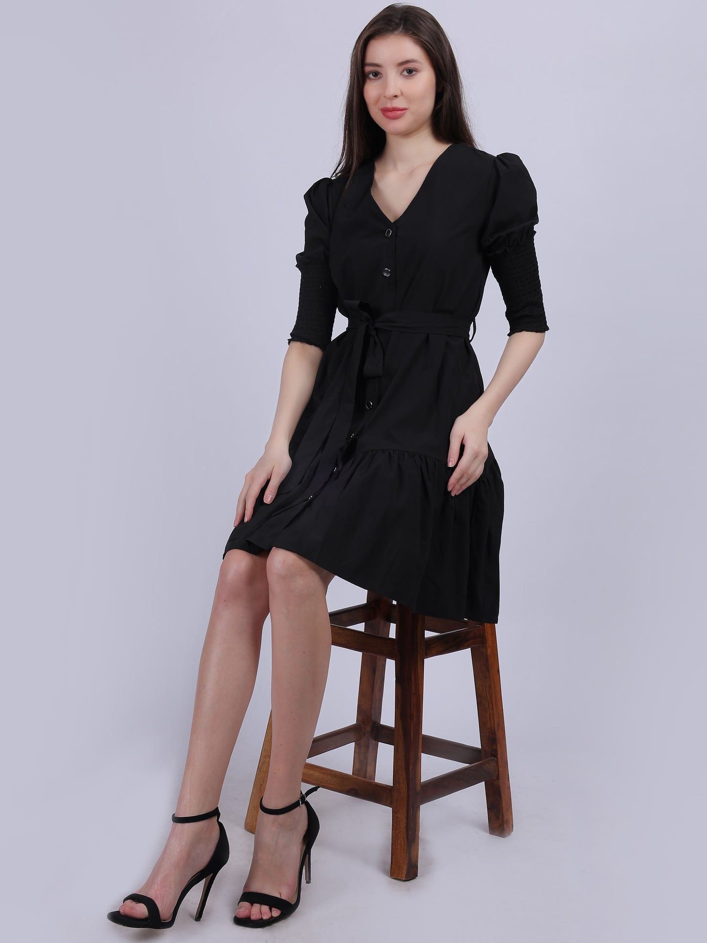 Black Fashion Shirt Dress With Smocking Sleeves & Belt On Waist