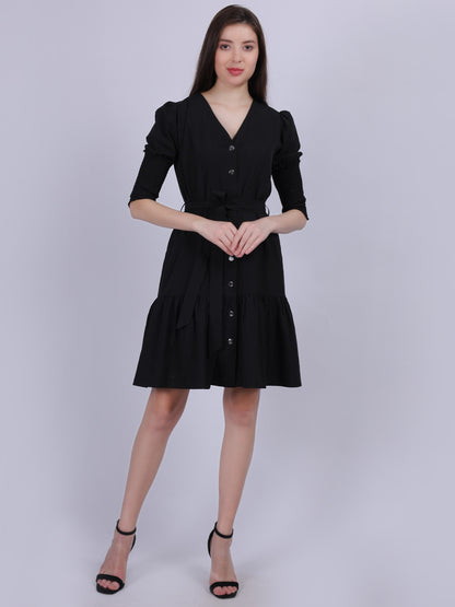 Black Fashion Shirt Dress With Smocking Sleeves & Belt On Waist