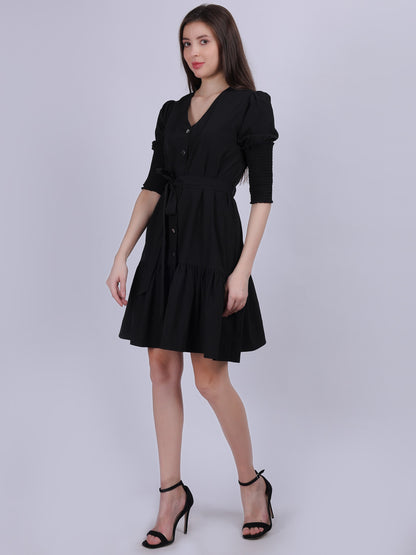 Black Fashion Shirt Dress With Smocking Sleeves & Belt On Waist