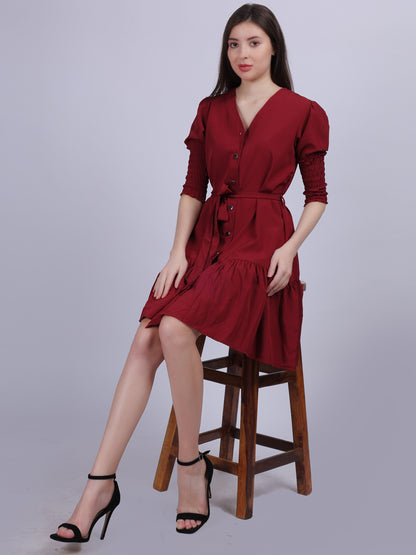 Maroon Fashion Shirt Dress With Smocking Sleeves & Belt On Waist