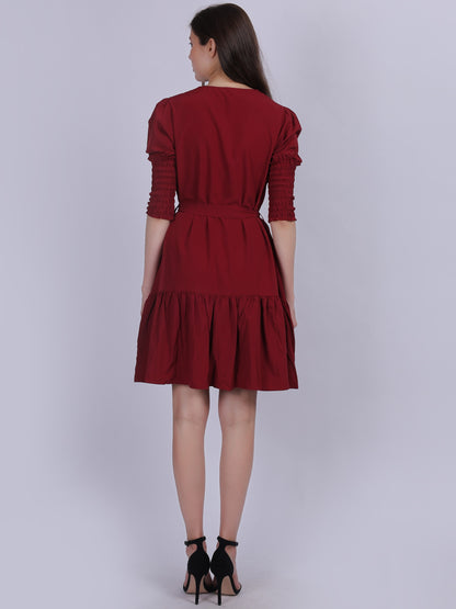 Maroon Fashion Shirt Dress With Smocking Sleeves & Belt On Waist