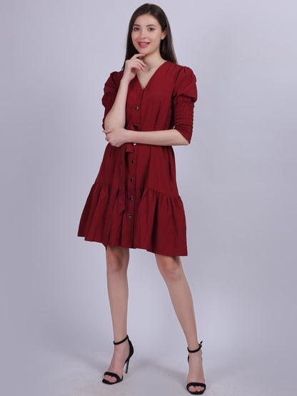 Maroon Fashion Shirt Dress With Smocking Sleeves & Belt On Waist