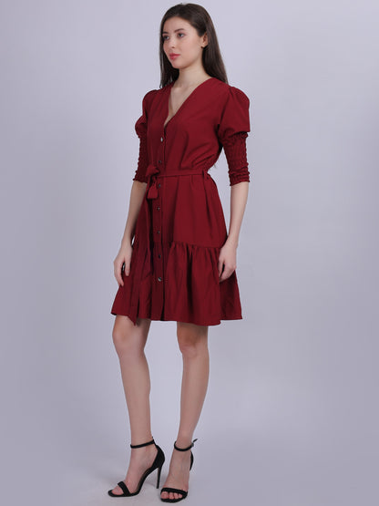 Maroon Fashion Shirt Dress With Smocking Sleeves & Belt On Waist