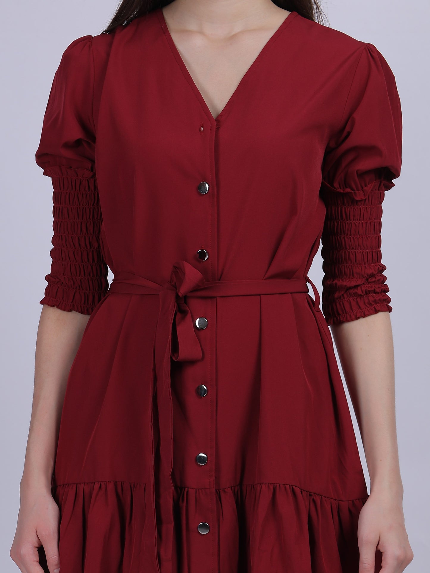 Maroon Fashion Shirt Dress With Smocking Sleeves & Belt On Waist