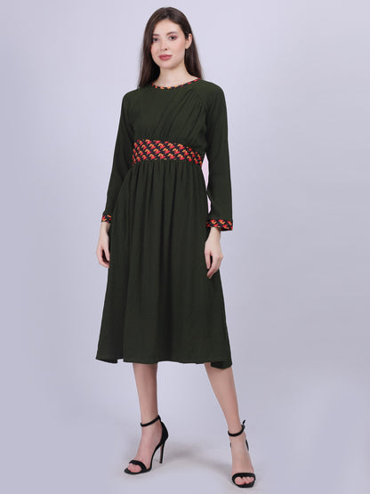 Solid Fashion Dress With Stylish Printed Collar And Waist Belt