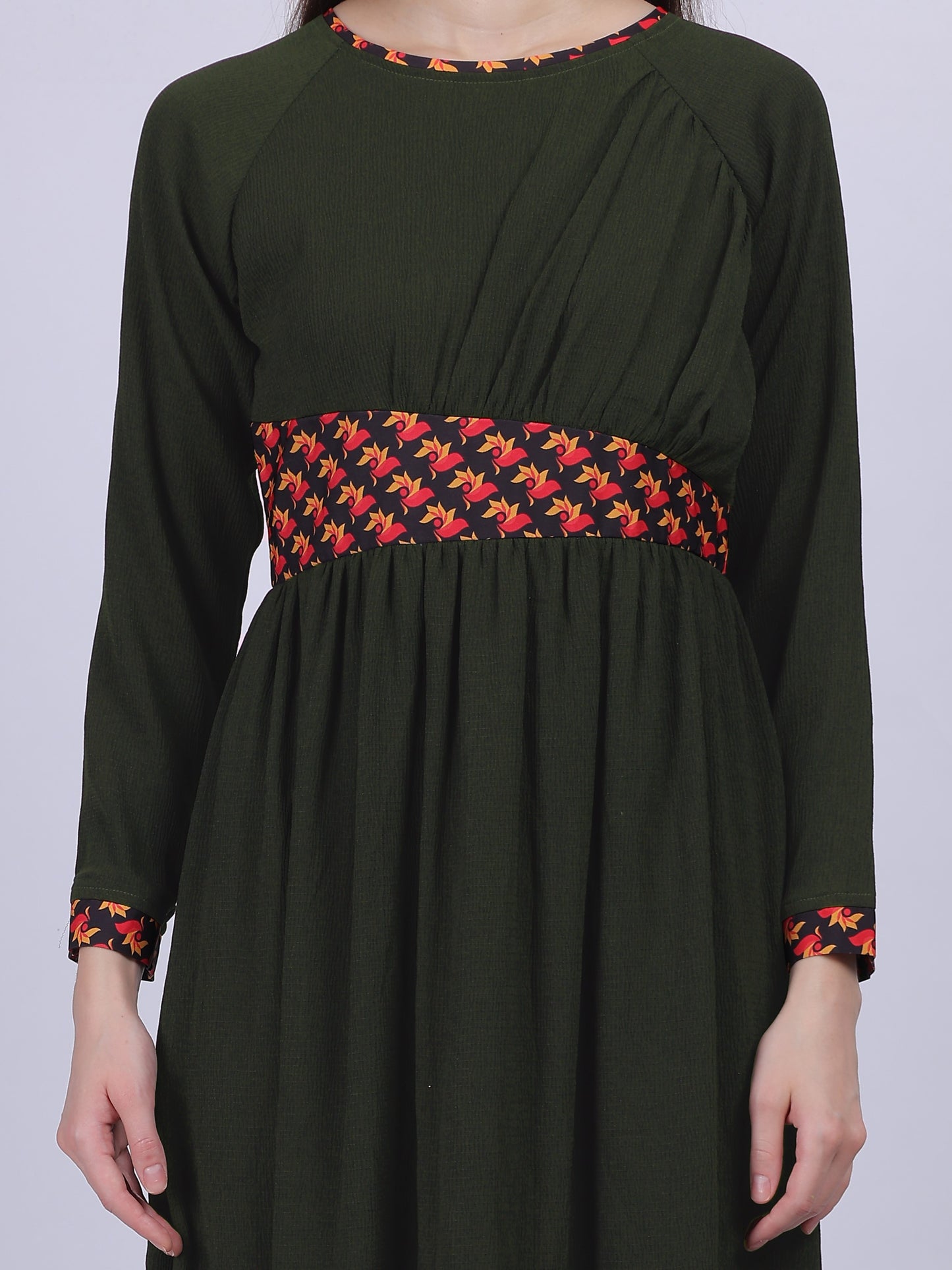 Solid Fashion Dress With Stylish Printed Collar And Waist Belt