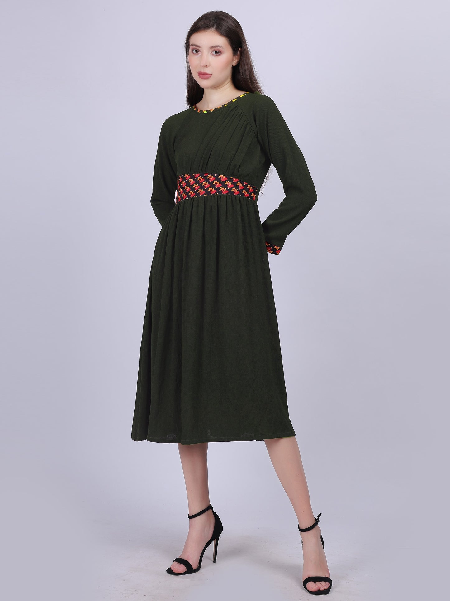 Solid Fashion Dress With Stylish Printed Collar And Waist Belt