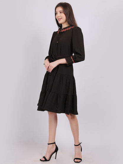 Solid Fashion Shirt Dress With Stylish Printed Collar