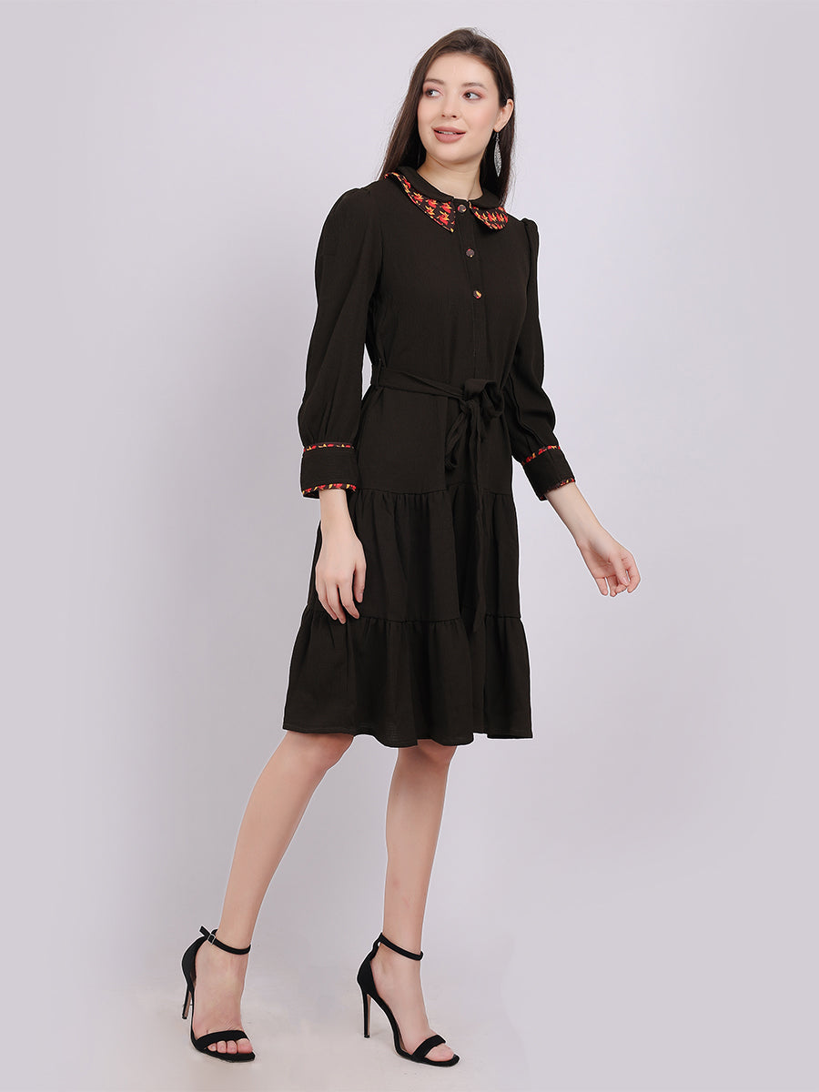 Solid Fashion Shirt Dress With Stylish Printed Collar