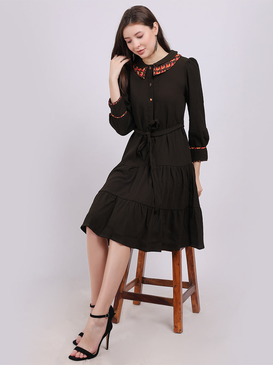 Solid Fashion Shirt Dress With Stylish Printed Collar