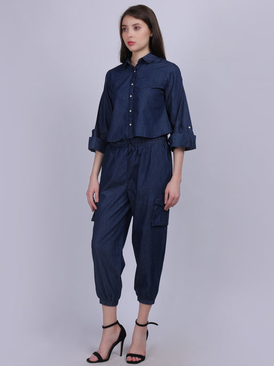 Dark Blue Denim Cord-set With Crop Top & Straight Fit Pants