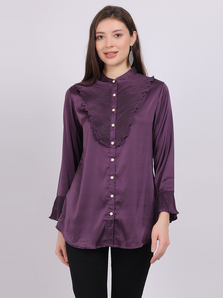 Satin Party Wear Fashion Shirt With Pleated Neck