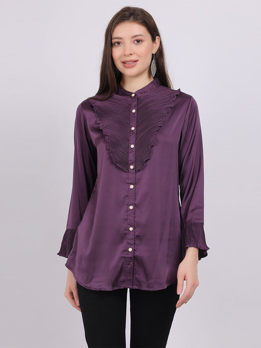 Satin Party Wear Fashion Shirt With Pleated Neck