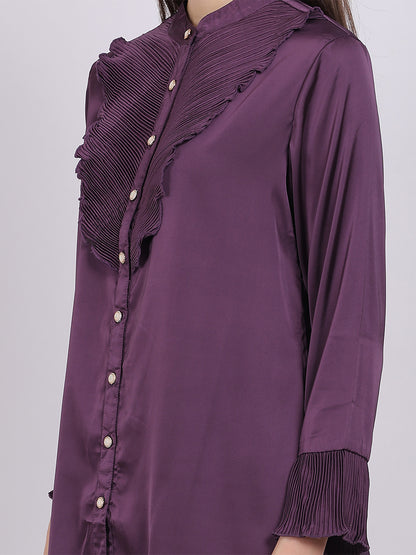 Satin Party Wear Fashion Shirt With Pleated Neck