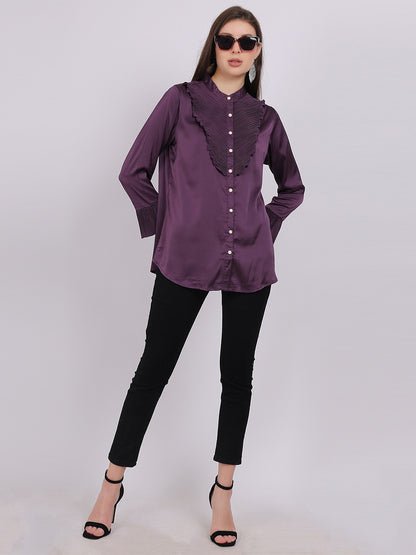 Satin Party Wear Fashion Shirt With Pleated Neck