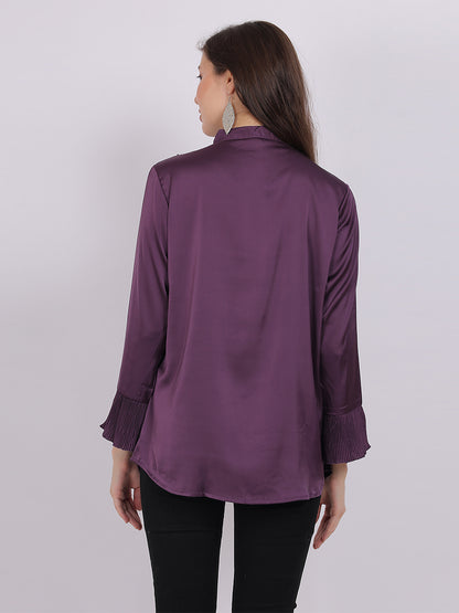 Satin Party Wear Fashion Shirt With Pleated Neck