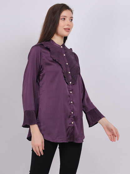 Satin Party Wear Fashion Shirt With Pleated Neck