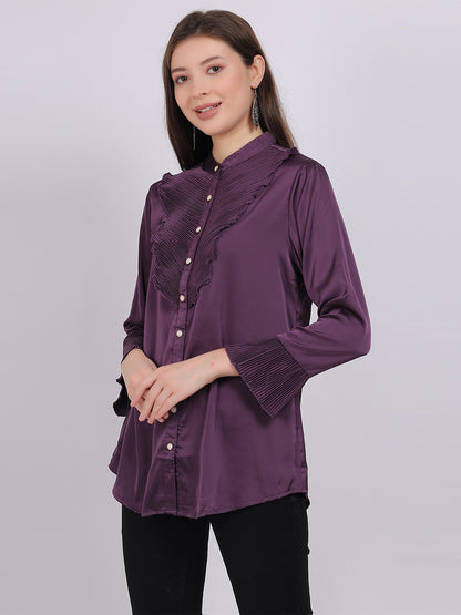 Satin Party Wear Fashion Shirt With Pleated Neck