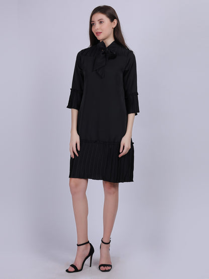 Satin Bottom Pleated Neck-tie Dress