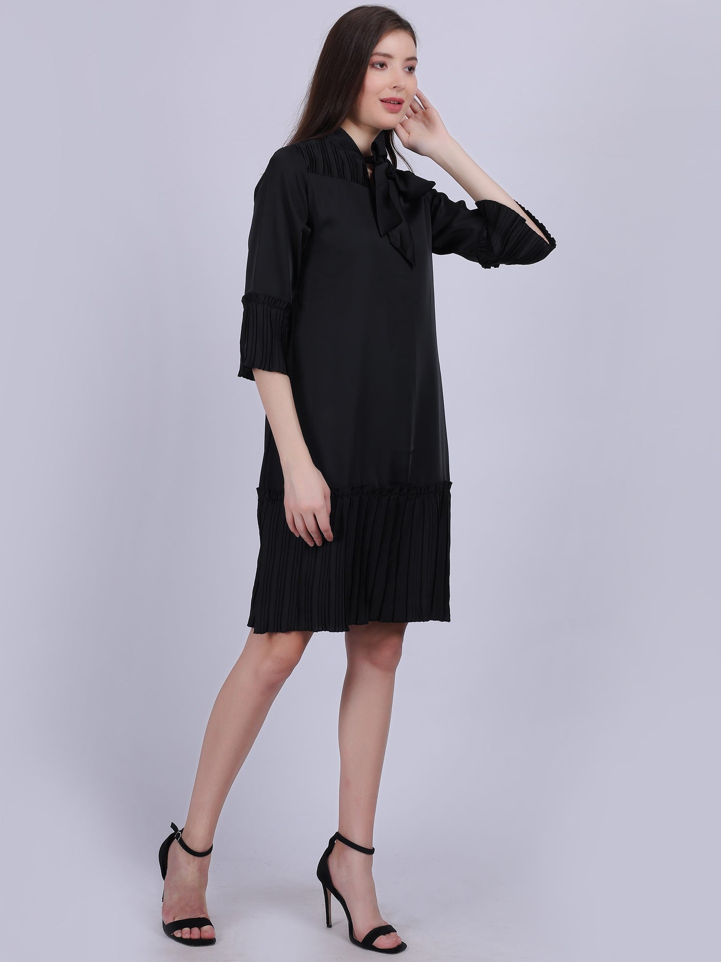 Satin Bottom Pleated Neck-tie Dress