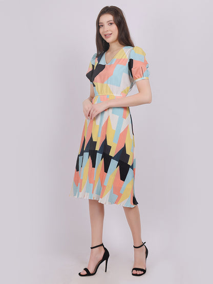 Abstract Print Pleated Fashion Dress