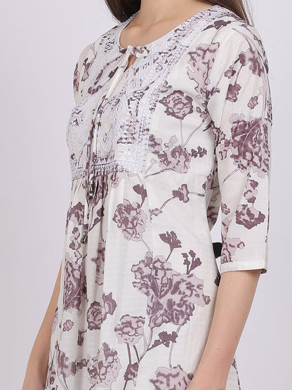 Floral Print Long Tunic Fashion Top With Neck Embroidery