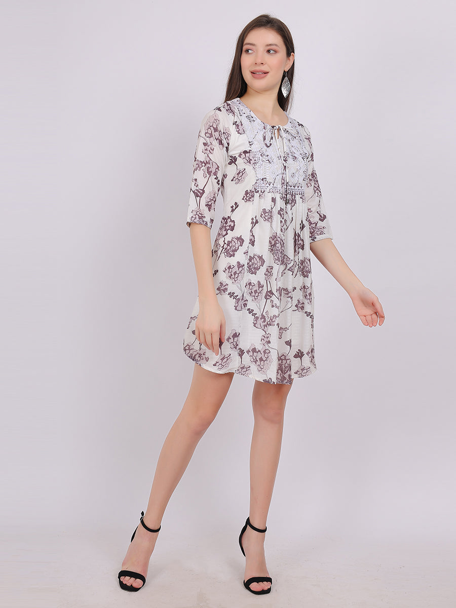 Floral Print Long Tunic Fashion Top With Neck Embroidery