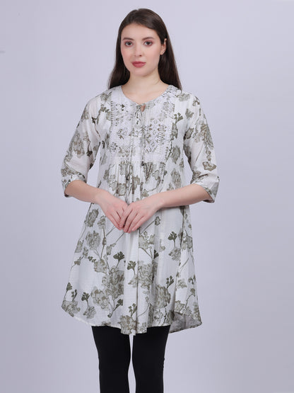 Green Floral Print Long Tunic Fashion Top With Neck Embroidery