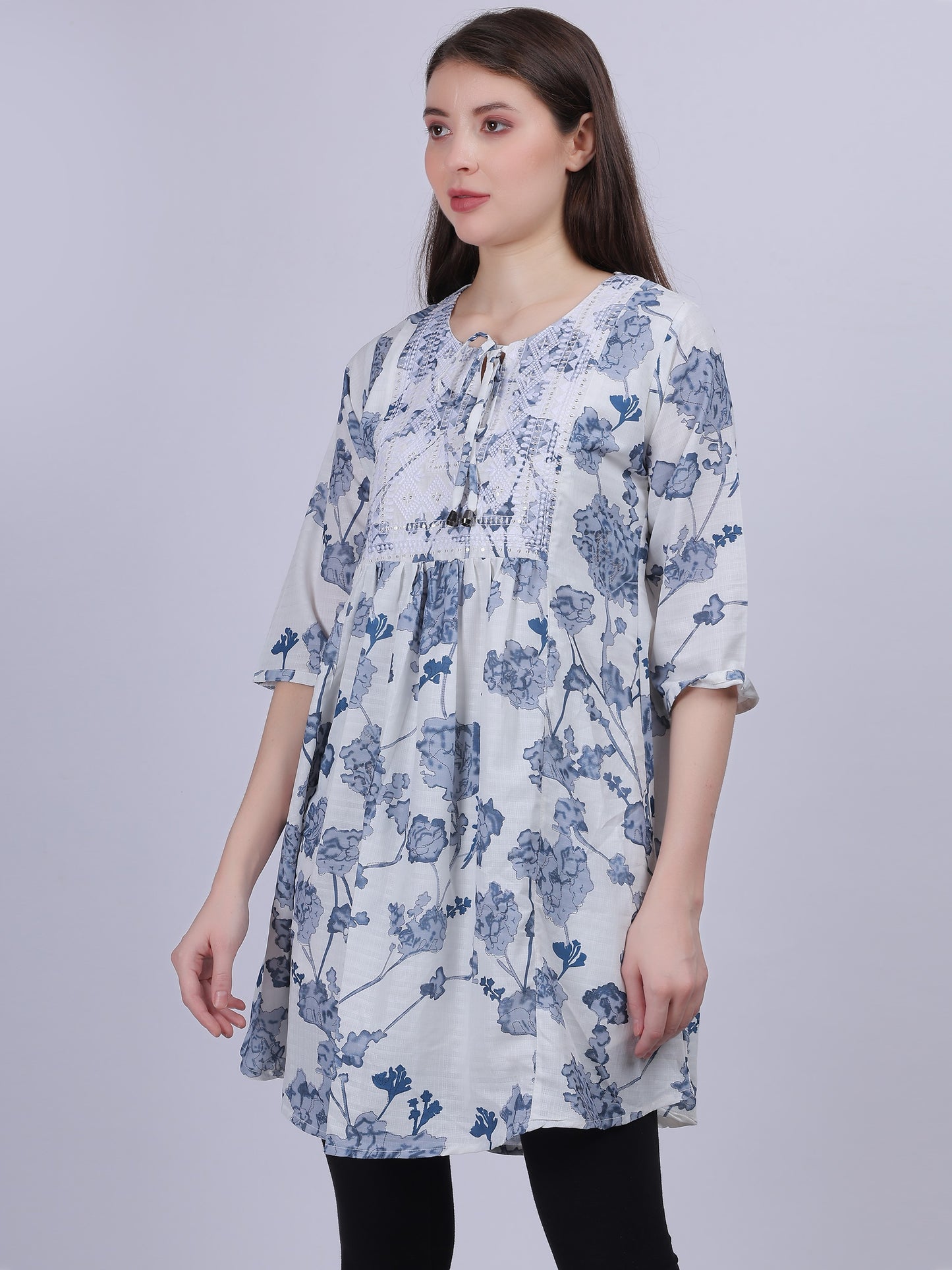 Sky Blue Floral Print Long Tunic Fashion Top With Neck Embroidery