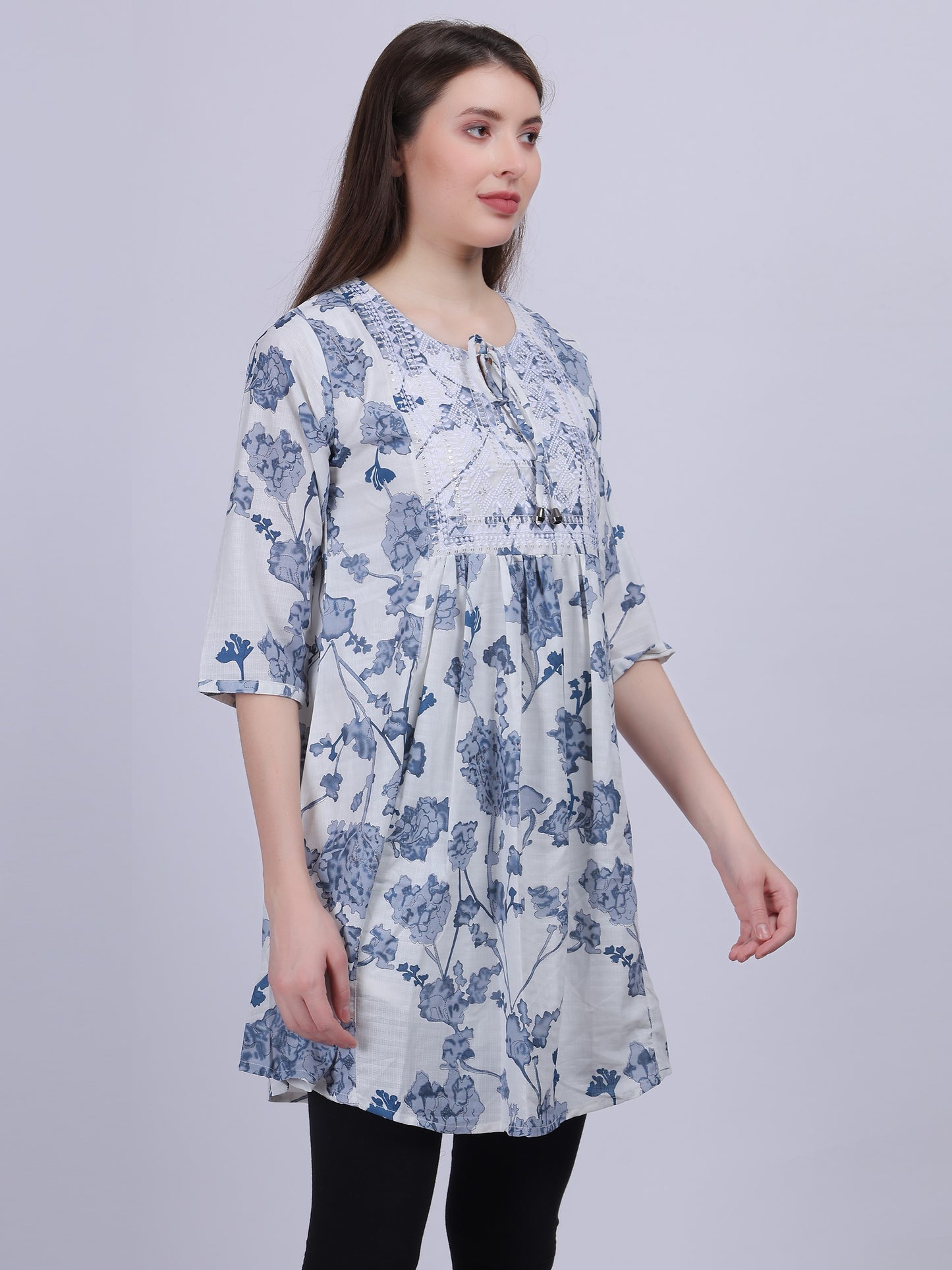 Sky Blue Floral Print Long Tunic Fashion Top With Neck Embroidery