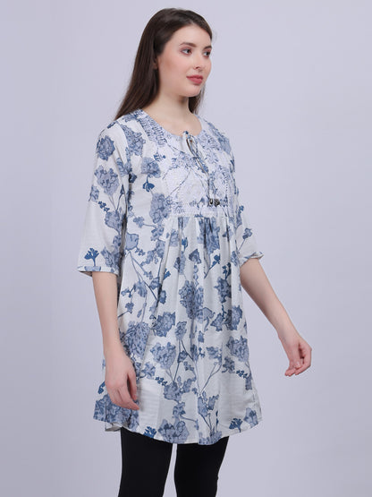 Sky Blue Floral Print Long Tunic Fashion Top With Neck Embroidery