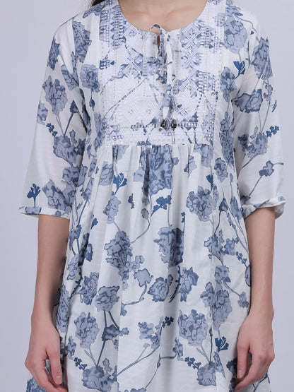 Sky Blue Floral Print Long Tunic Fashion Top With Neck Embroidery