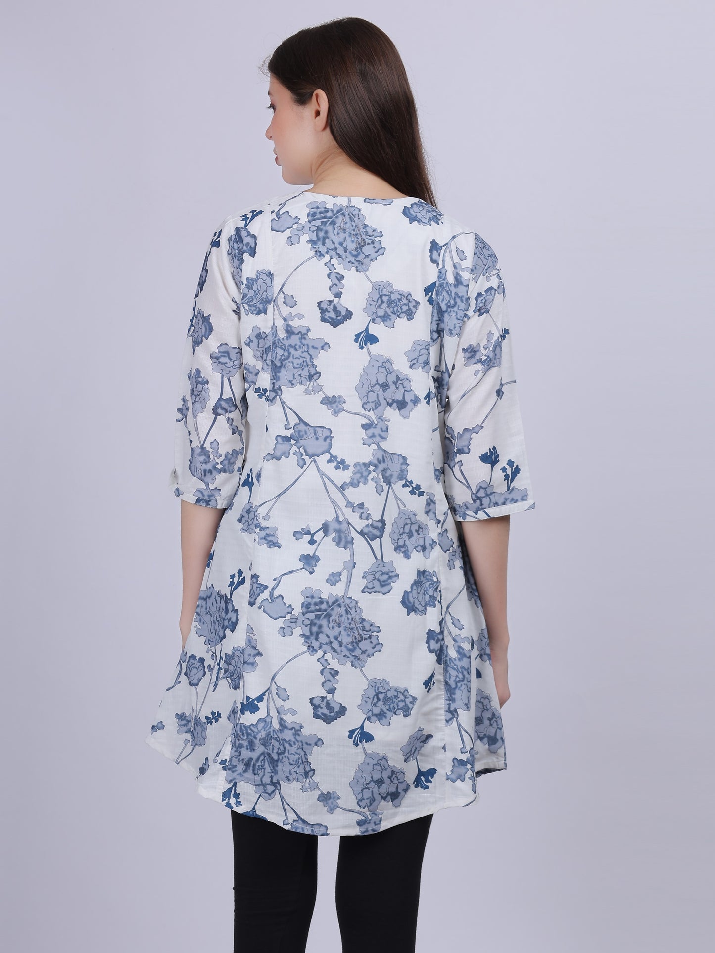 Sky Blue Floral Print Long Tunic Fashion Top With Neck Embroidery