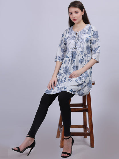 Sky Blue Floral Print Long Tunic Fashion Top With Neck Embroidery