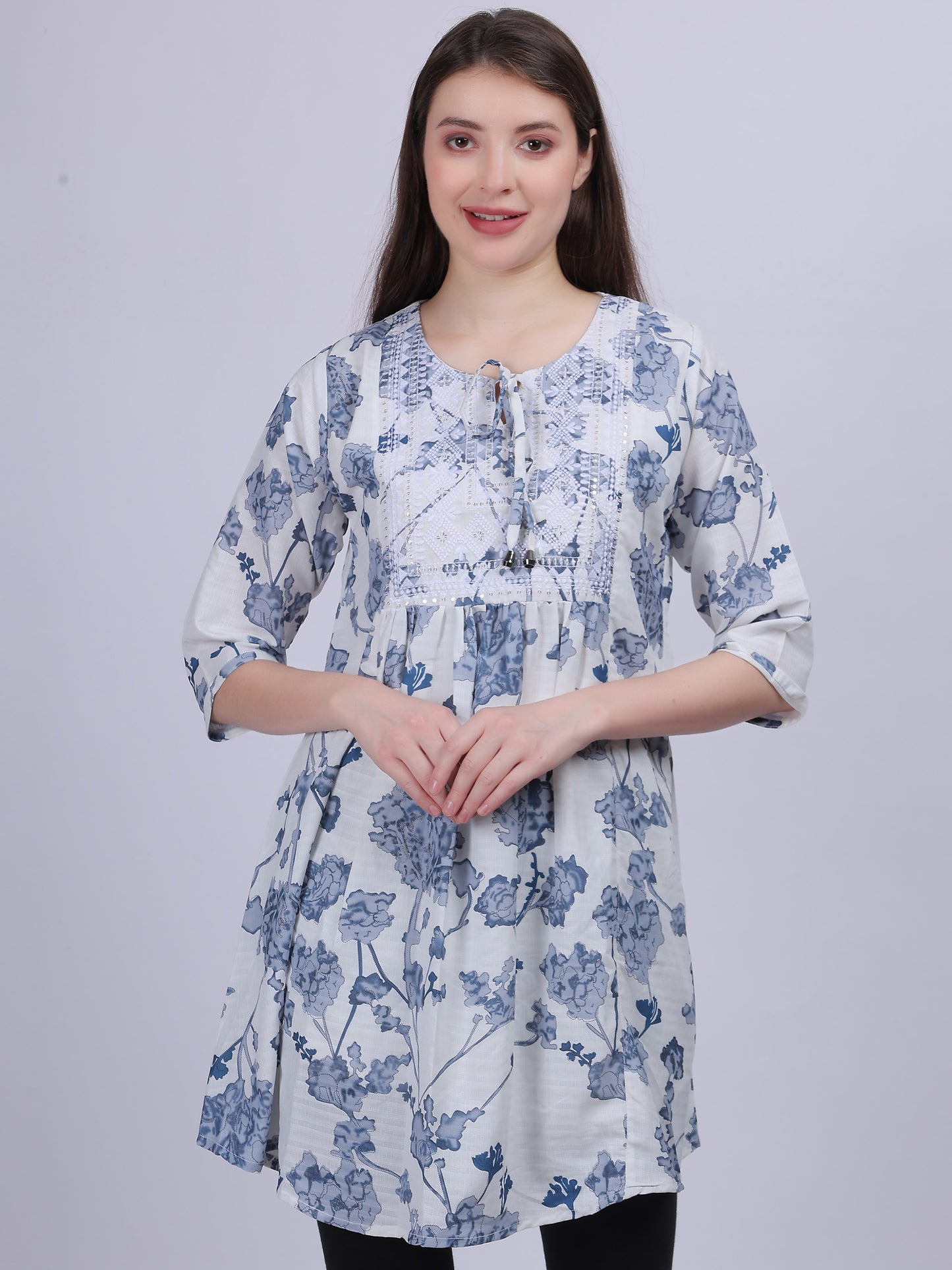 Sky Blue Floral Print Long Tunic Fashion Top With Neck Embroidery