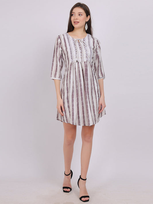 Wine Stripe Print Long Tunic Fashion Top With Neck Embroidery