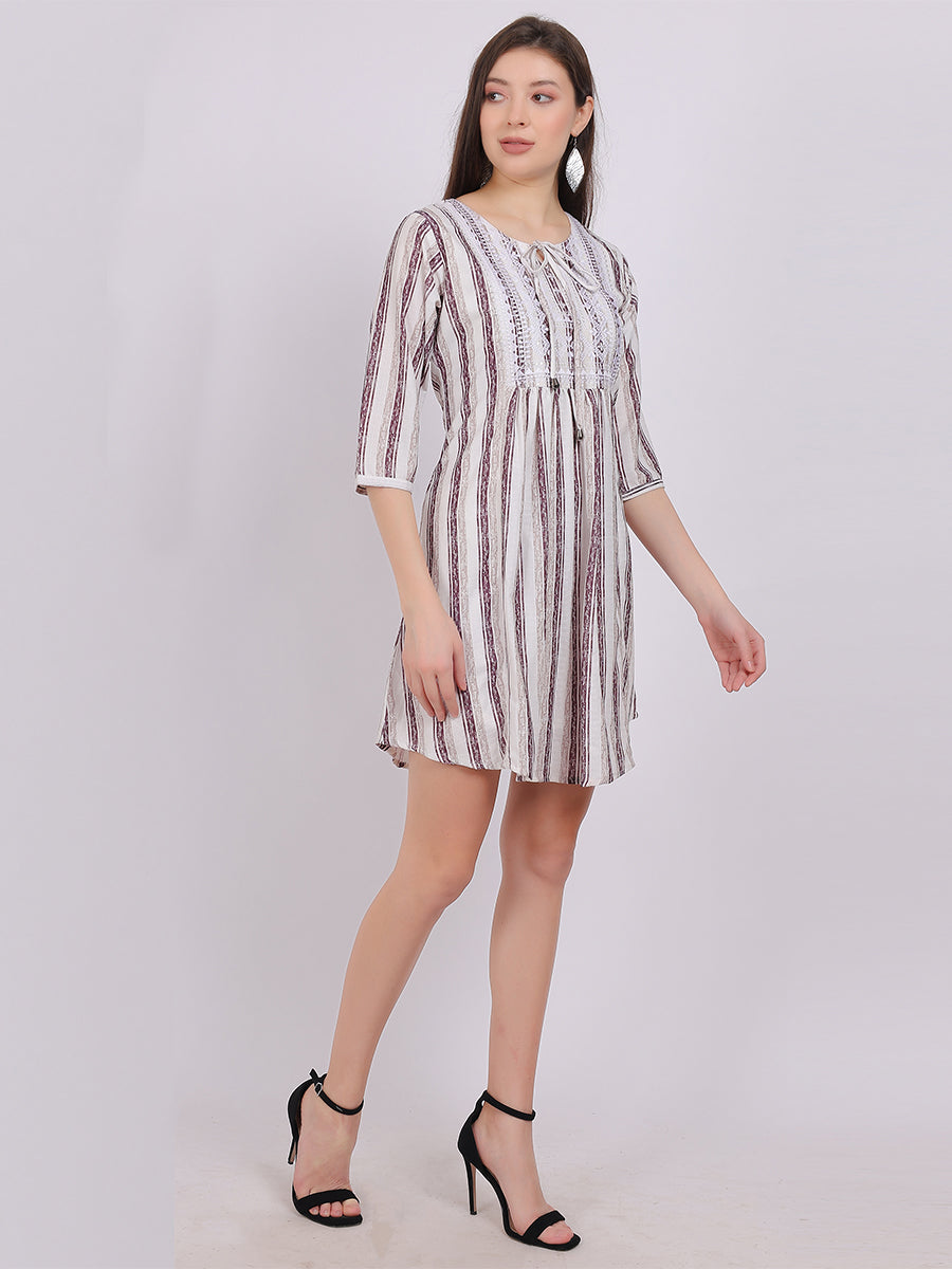 Wine Stripe Print Long Tunic Fashion Top With Neck Embroidery