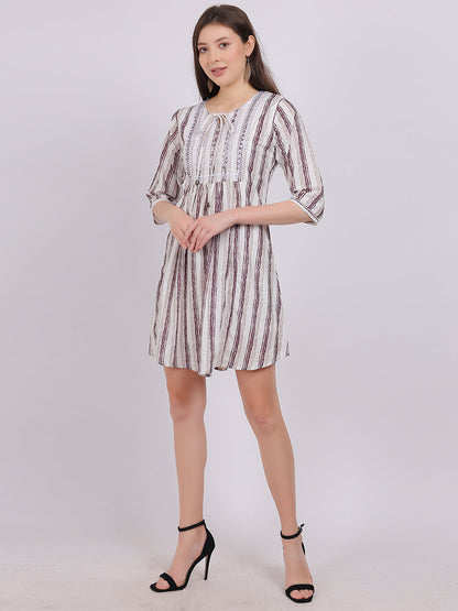 Wine Stripe Print Long Tunic Fashion Top With Neck Embroidery