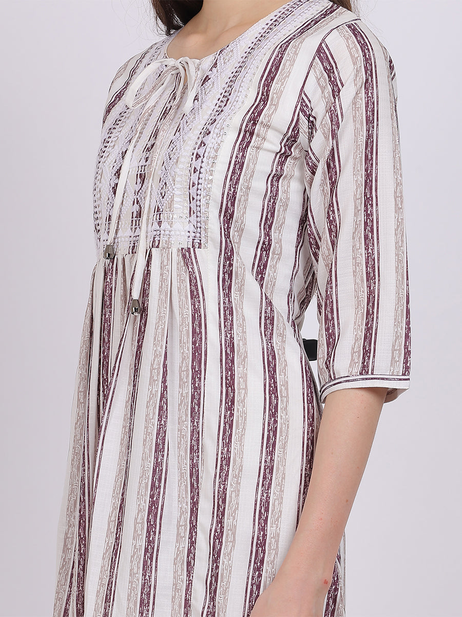 Wine Stripe Print Long Tunic Fashion Top With Neck Embroidery