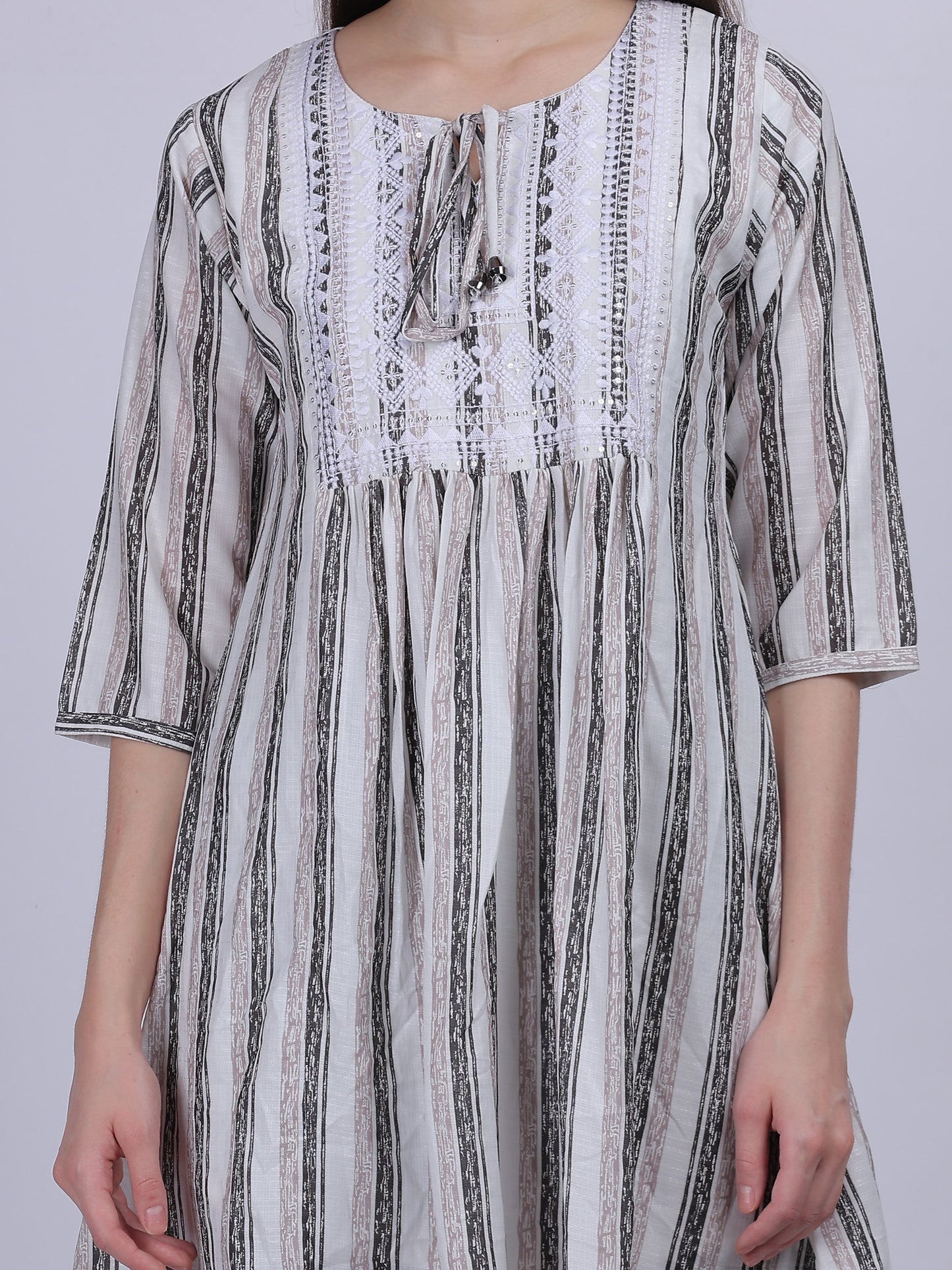 Dark Green Stripe Print Long Tunic Fashion Top With Neck Embroidery