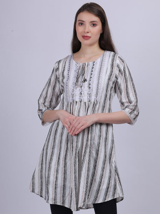 Dark Green Stripe Print Long Tunic Fashion Top With Neck Embroidery