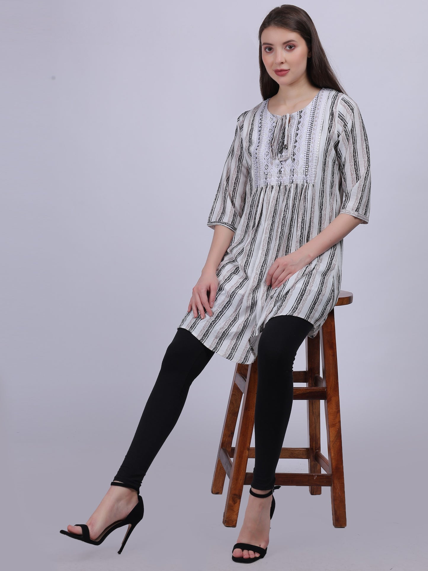 Dark Green Stripe Print Long Tunic Fashion Top With Neck Embroidery